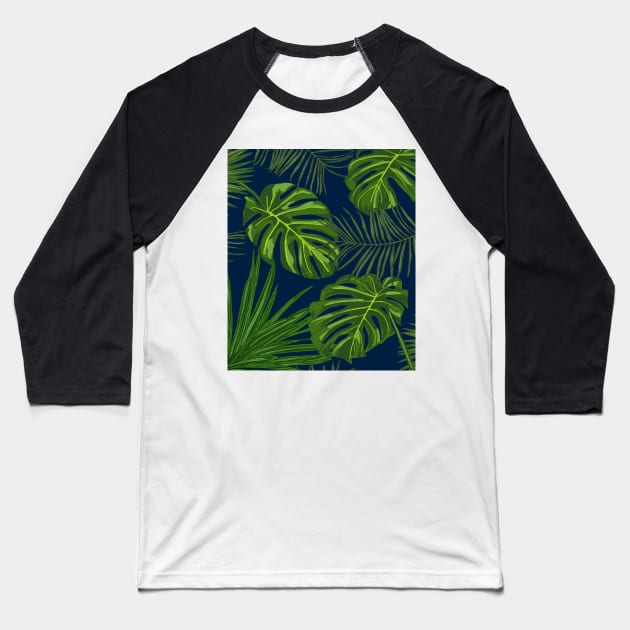 Tropical Plants on Midnight Blue Baseball T-Shirt by OneThreeSix